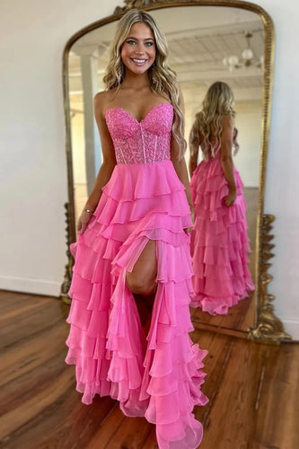 Hot Pink Strapless Tiered Corset Prom Dress with Slit