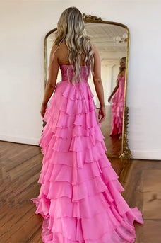 Hot Pink Strapless Tiered Corset Prom Dress with Slit