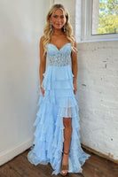 Load image into Gallery viewer, Hot Pink Strapless Tiered Corset Prom Dress with Slit