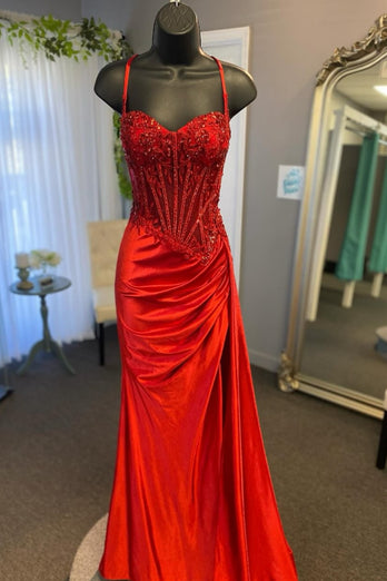Mermaid Sparkly Spaghetti Straps Long Prom Dress with Slit