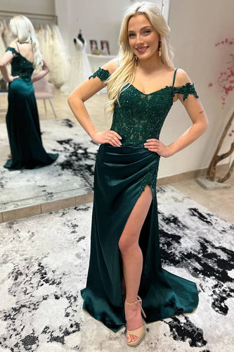 Dark Green Mermaid Satin Corset Prom Dress with Slit