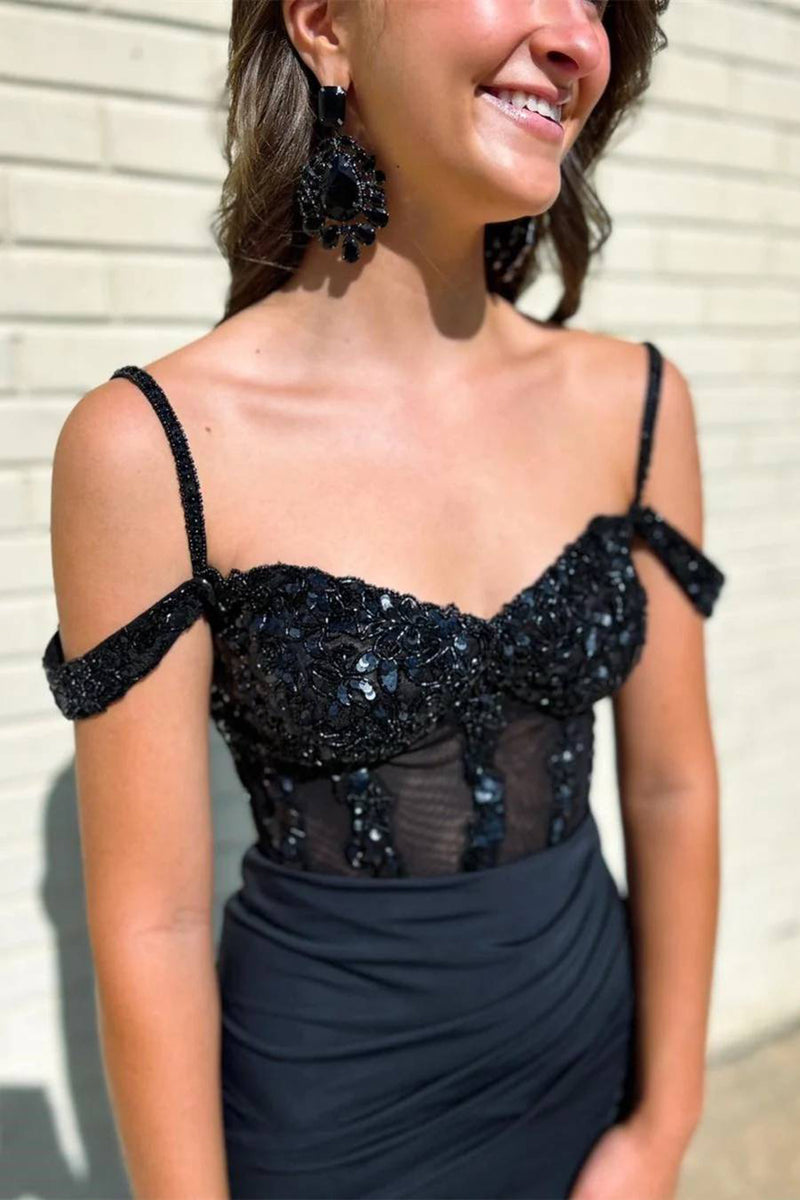 Load image into Gallery viewer, Black Mermaid Pleated Prom Dress with Slit