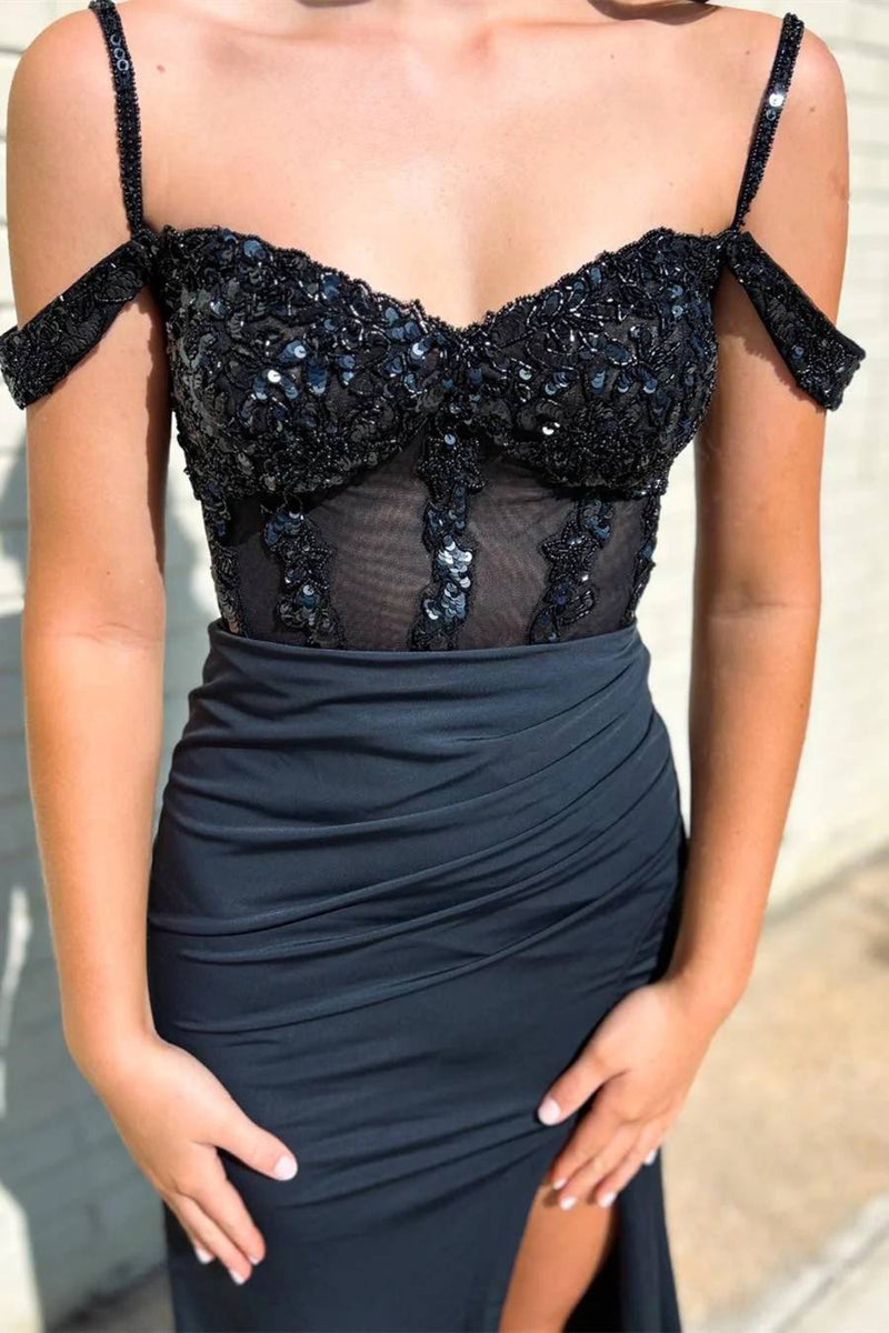 Load image into Gallery viewer, Black Mermaid Pleated Prom Dress with Slit