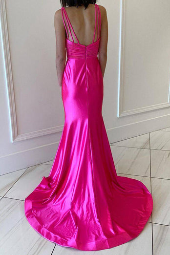 Hot Pink Sparkly Mermaid Pleated V Neck Prom Dress