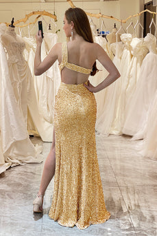 Golden Mermaid One Shoulder Sequin Long Prom Dress with Slit