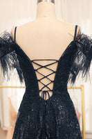 Load image into Gallery viewer, Black Spaghetti Straps A-Line Sequin Prom Dress With Feather