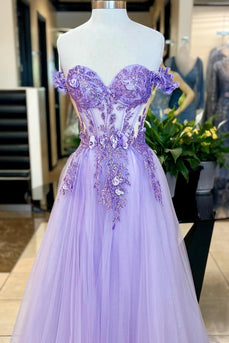Light Purple Corset Tulle A Line Appliques Prom Dress