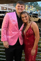 Load image into Gallery viewer, Shawl Lapel Pink Jacquard 2-Piece Prom Suits with One Button