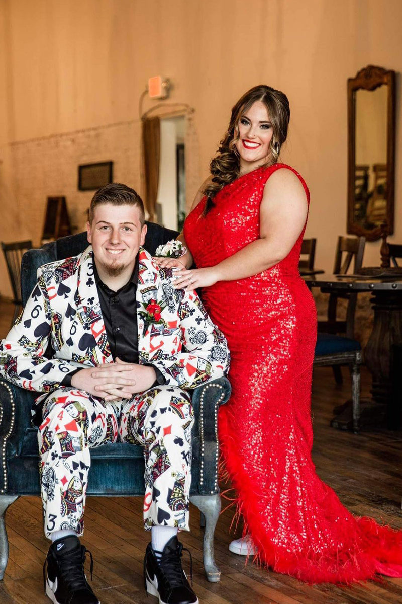 Load image into Gallery viewer, Shawl Lapel White Poker Pattern Printed 2 Pieces Men&#39;s Prom Suits