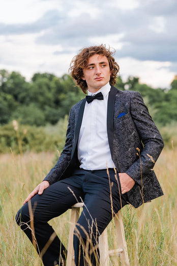 Single Breasted Shawl Lapel Black Jacquard 2 Piece Prom Suits