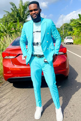 Sky Blue Peaked Lapel 2 Pieces Slim Fit Men's Prom Suits
