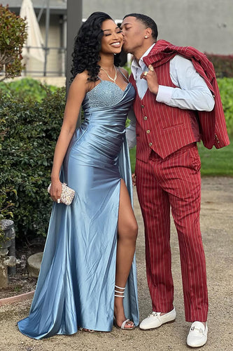 Dark Burgundy Peaked Lapel 3 Pieces Striped Men's Prom Suits