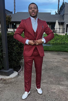Dark Burgundy Peaked Lapel 3 Pieces Striped Men's Prom Suits