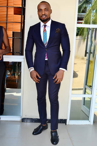 Dark Blue 2 Pieces Peaked Lapel Men's Formal Suits