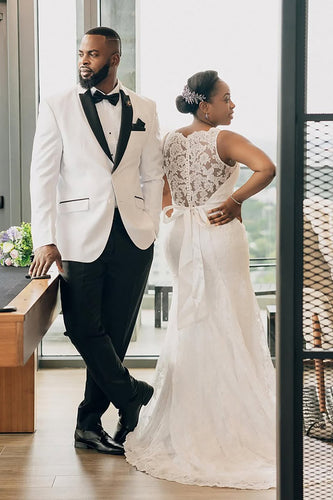 Shawl Lapel 2 Pieces White Men's Wedding Suits