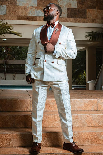 Jacquard Shawl Lapel 2 Pieces White Men's Wedding Suits
