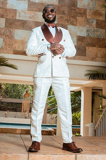 Jacquard Shawl Lapel 2 Pieces White Men's Wedding Suits