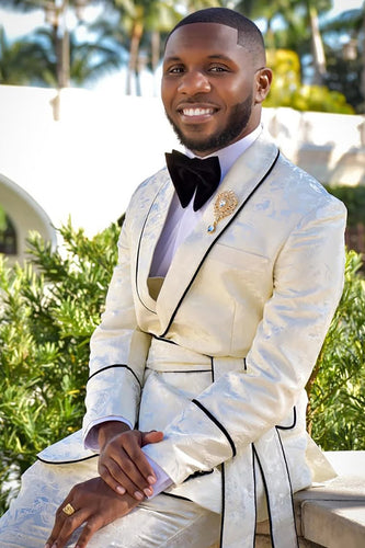 Jacquard Shawl Lapel 2 Pieces White Satin Men's Wedding Suits