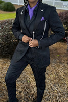 Load image into Gallery viewer, Jacquard Black 2 Pieces Peaked Lapel Men&#39;s Prom Suits