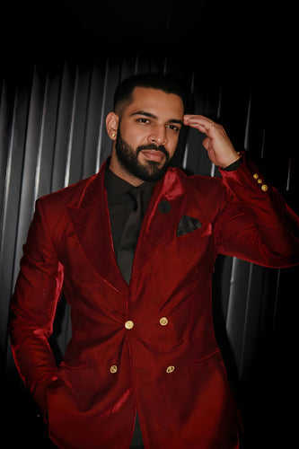 Red Peaked Lapel Double Breasted Prom Blazer