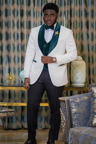 Shawl Lapel 2 Pieces White Jacquard Prom Suits