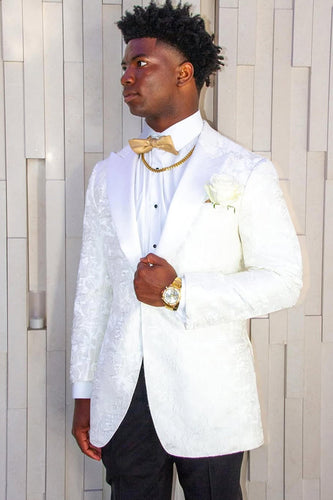 White Jacquard Peaked Lapel Men's Prom Blazer