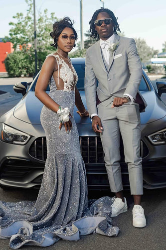 Light Grey Notched Lapel 2 Pieces Slim Fit Prom Suits