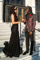 Load image into Gallery viewer, Black Red Jacquard Notched Lapel 2 Pieces Prom Suits