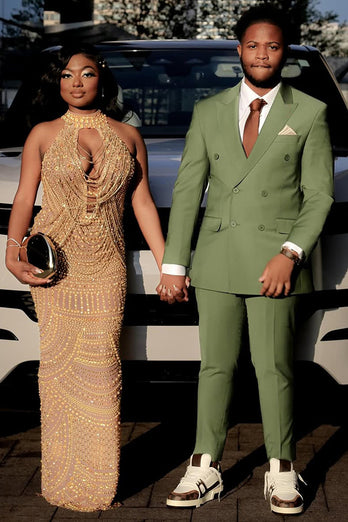 Green 2 Pieces Peaked Lapel Satin Men's Prom Suits