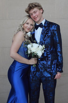 Blue 2 Pieces Notched Lapel Jacquard Men's Prom Suits