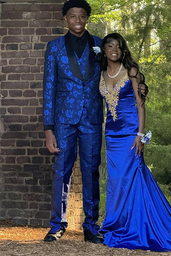 Jacquard Blue Shawl Lapel 3 Pieces Men's Prom Suits