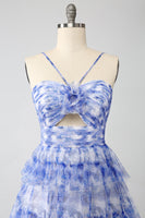 Load image into Gallery viewer, Blue Printed A Line Tiered Hollow-out Long Prom Dress