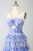 Load image into Gallery viewer, Blue Printed A Line Tiered Hollow-out Long Prom Dress