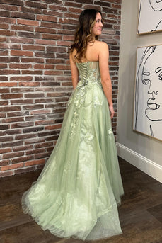 Green Strapless A Line Appliques Tulle Prom Dress with Slit