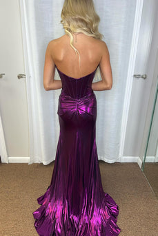 Purple Mermaid Sparkly Strapless Corset Prom Dress with Slit