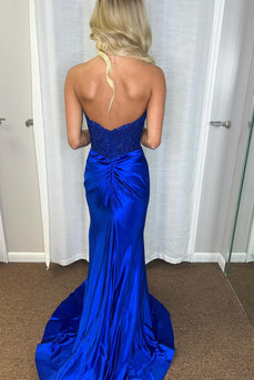 Strapless Mermaid Royal Blue Appliques Prom Dress with Slit