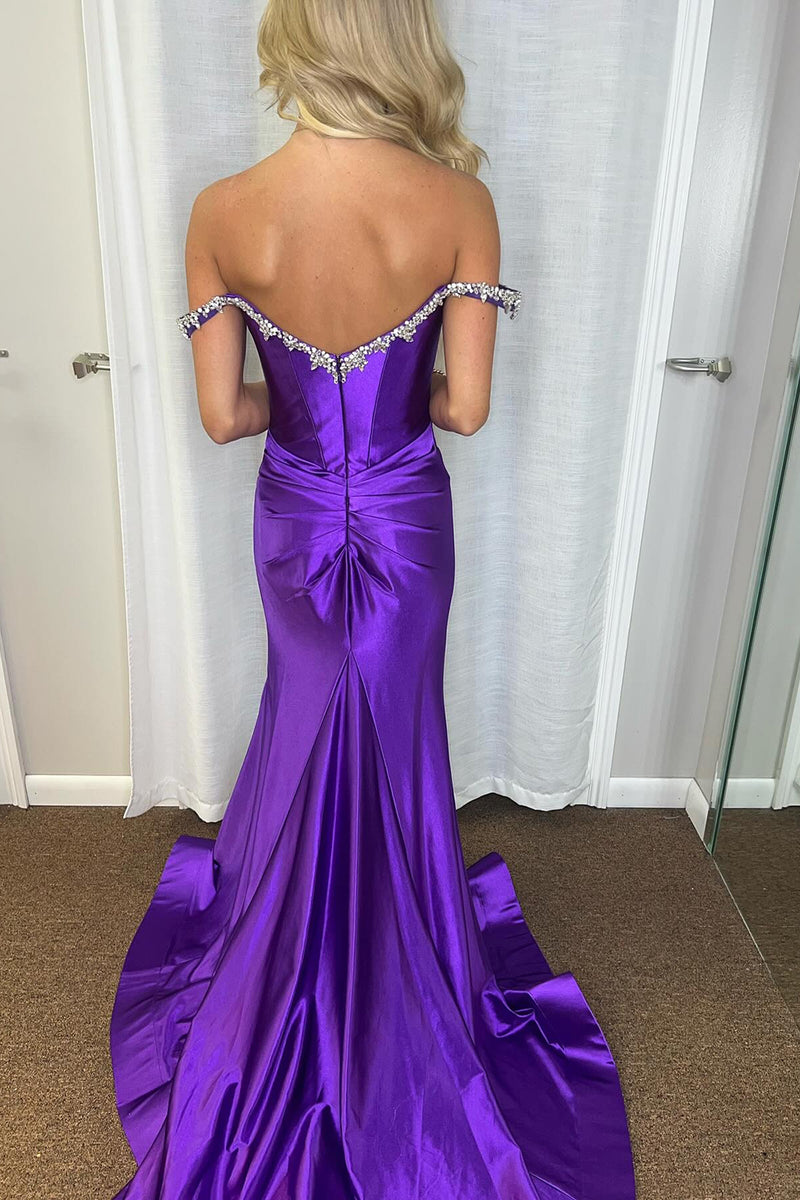 Load image into Gallery viewer, Mermaid Purple Off the Shoulder Prom Dress with Slit