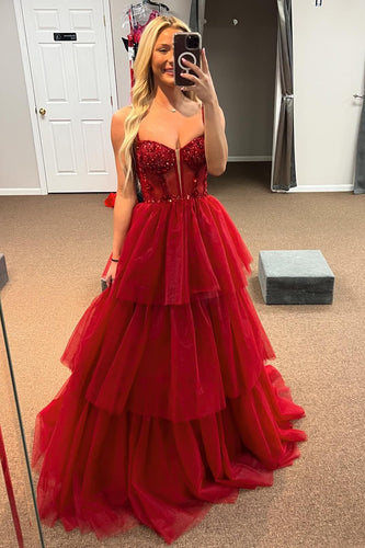 A Line Red Spaghetti Straps Tulle Corset Prom Dress