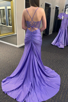 Beaded Spaghetti Straps Royal Blue Mermaid Corset Prom Dress