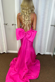 Hot Pink Bowknot Mermaid Spaghetti Straps Long Prom Dress