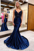 Load image into Gallery viewer, Navy Mermaid Appliques Long Prom Dress with Slit