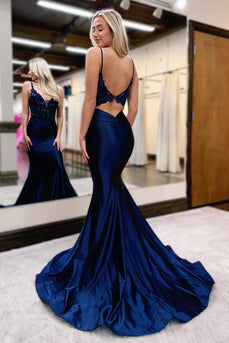 Navy Mermaid Appliques Long Prom Dress with Slit