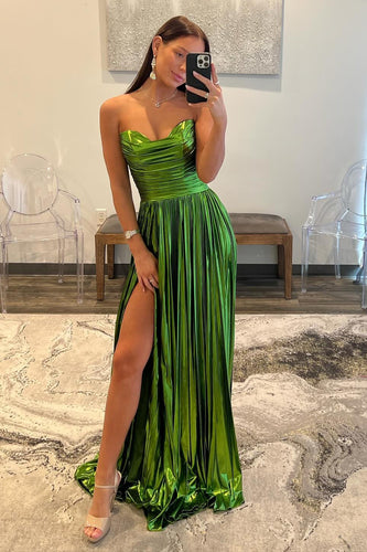 Sparkly Strapless Green A Line Pleated Prom Dress with slit