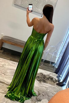 Sparkly Strapless Green A Line Pleated Prom Dress with slit