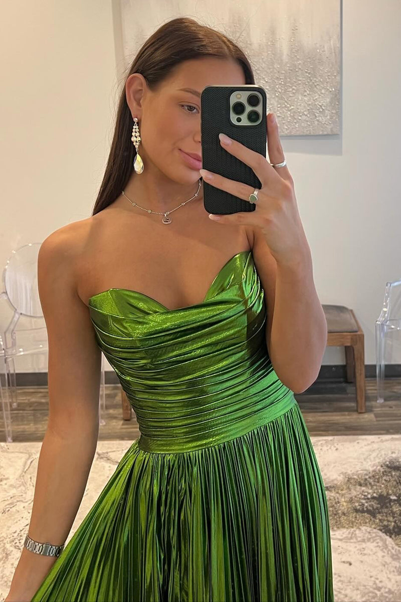 Load image into Gallery viewer, Sparkly Strapless Green A Line Pleated Prom Dress with slit