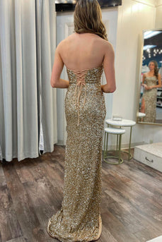 Sparkly Golden Mermaid Strapless Prom Dress with Slit