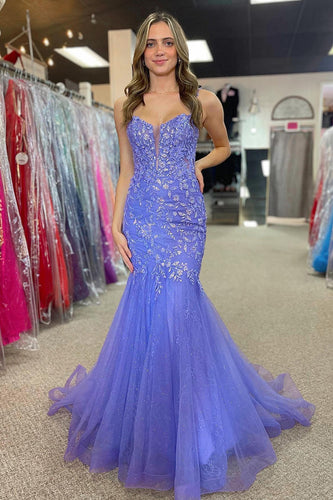 Mermaid Purple Tulle Spaghetti Straps Prom Dress