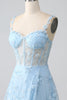 Load image into Gallery viewer, Sparkly Blue A Line Spaghetti Straps Sequin Corset Prom Dress With Slit