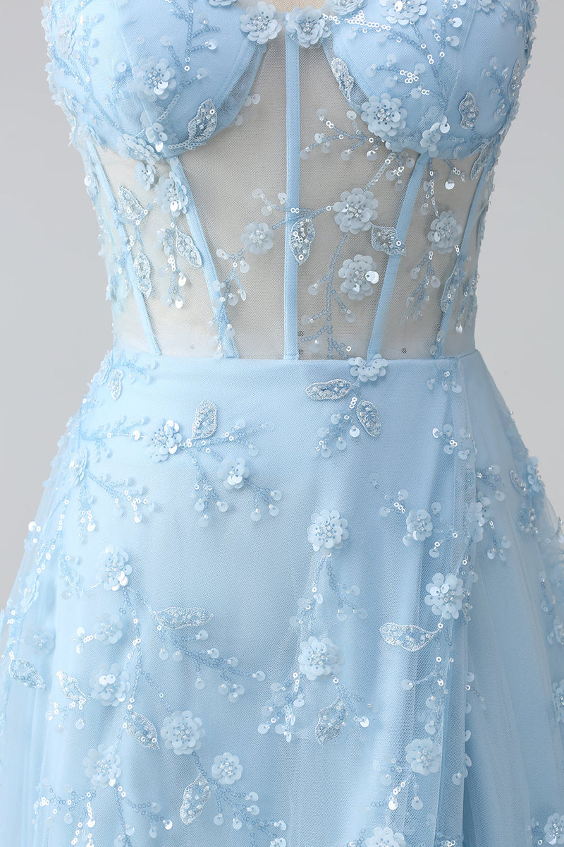 Load image into Gallery viewer, Sparkly Blue A Line Spaghetti Straps Sequin Corset Prom Dress With Slit