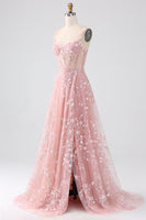 Load image into Gallery viewer, Sparkly Blush A Line Spaghetti Straps Sequin Corset Prom Dress With Slit